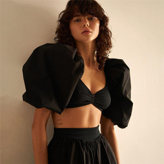V-Neck Lantern Sleeve Cropped Top