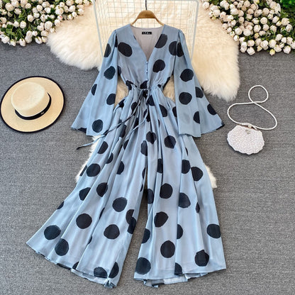 Polka Dot V-Neck Casual Jumpsuit