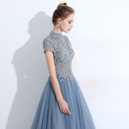 Lace Overlay Elegant Midi Dress / Blue / 2XL