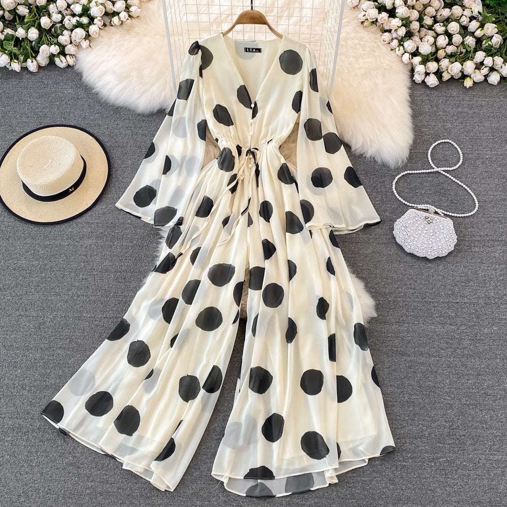 Polka Dot V-Neck Casual Jumpsuit