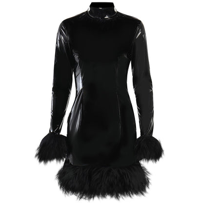 Black High Neck Slim Long Sleeve Dress / Black / L