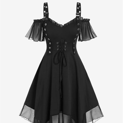Black Lace-Up Ruffle Mini Dress