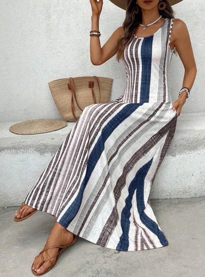 Striped A-Line Sleeveless Maxi Dress