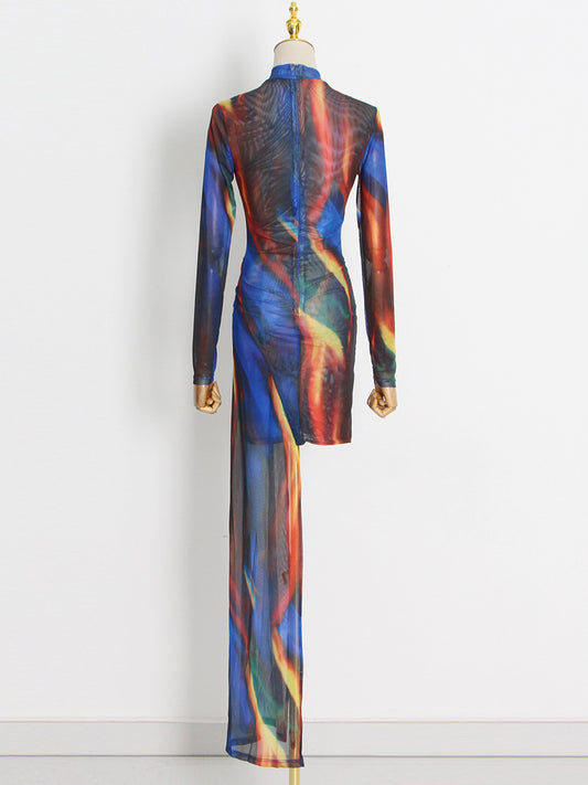 Tie-Dye High Neck Asymmetric Dress / Blue / M