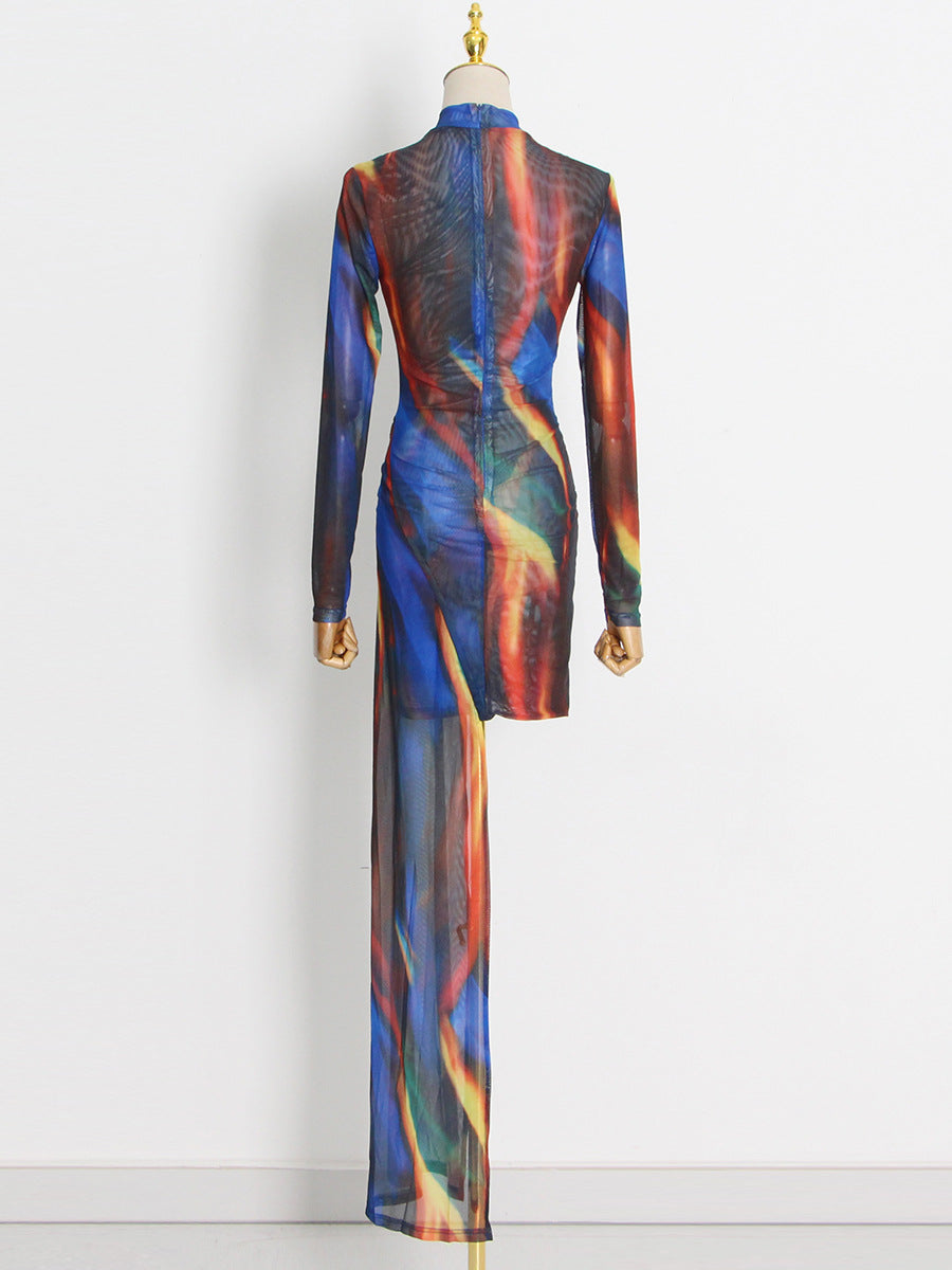 Tie-Dye High Neck Asymmetric Dress