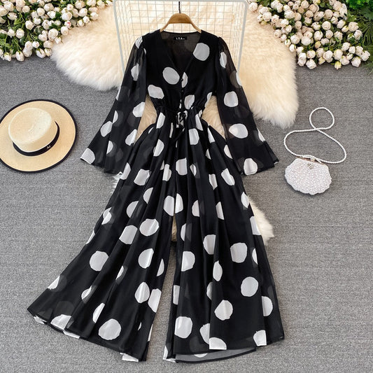 Polka Dot V-Neck Casual Jumpsuit