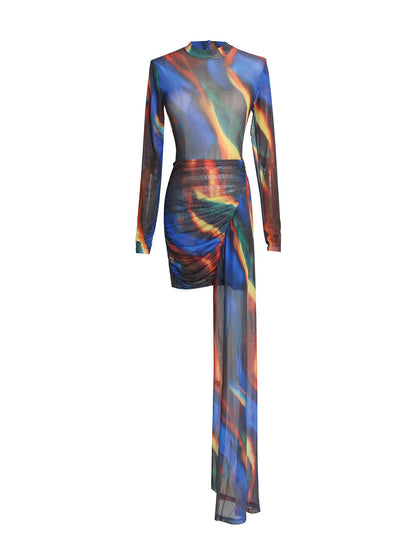 Tie-Dye High Neck Asymmetric Dress