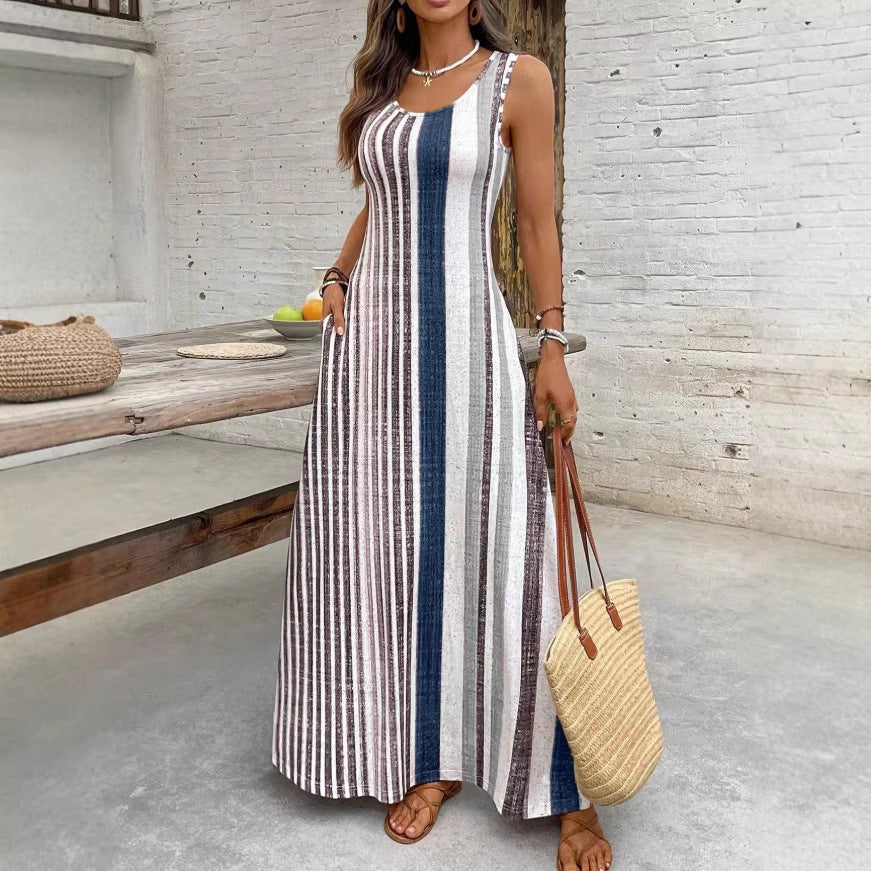 Striped A-Line Sleeveless Maxi Dress
