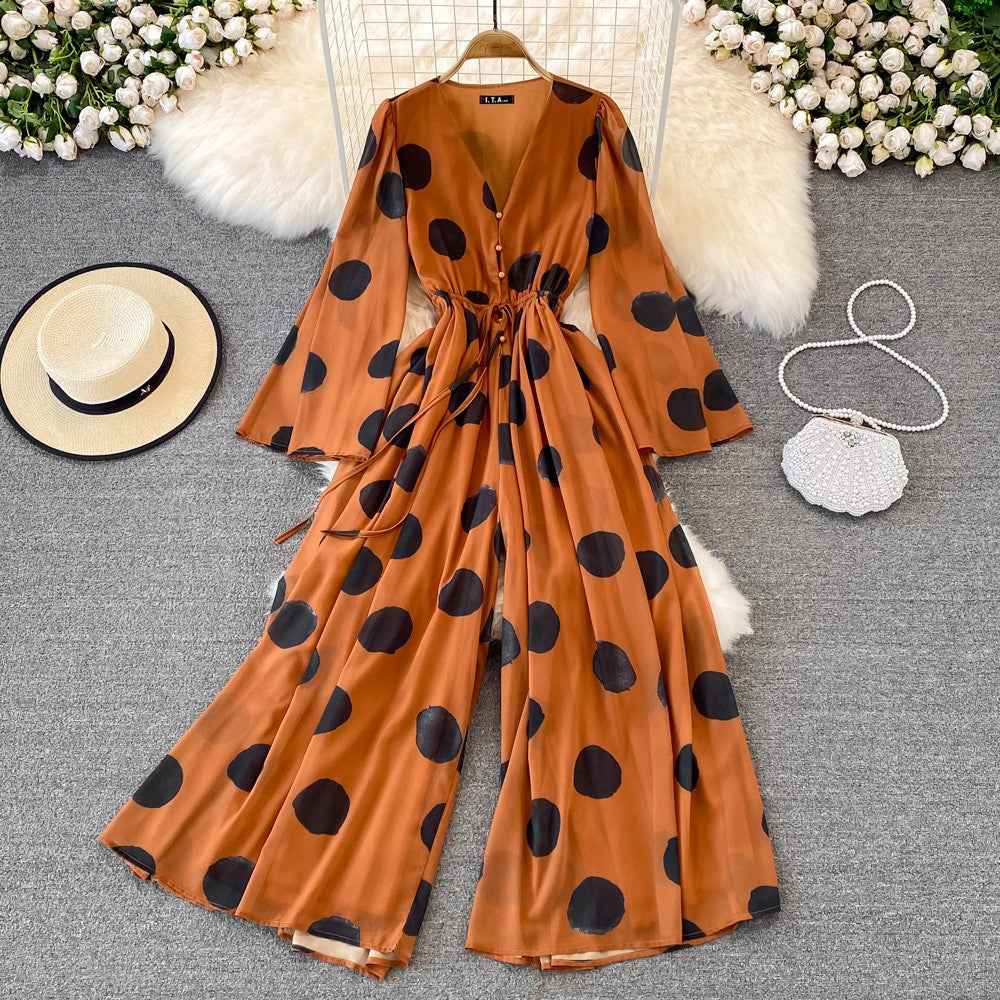 Polka Dot V-Neck Casual Jumpsuit