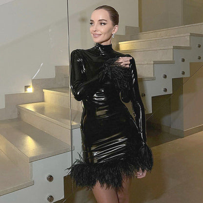 Black High Neck Slim Long Sleeve Dress