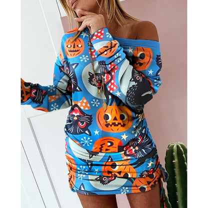 Printed High-Waist Long Sleeve Dress / Black / L