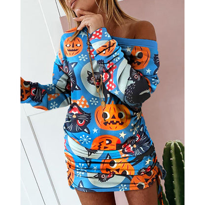 Printed High-Waist Long Sleeve Dress