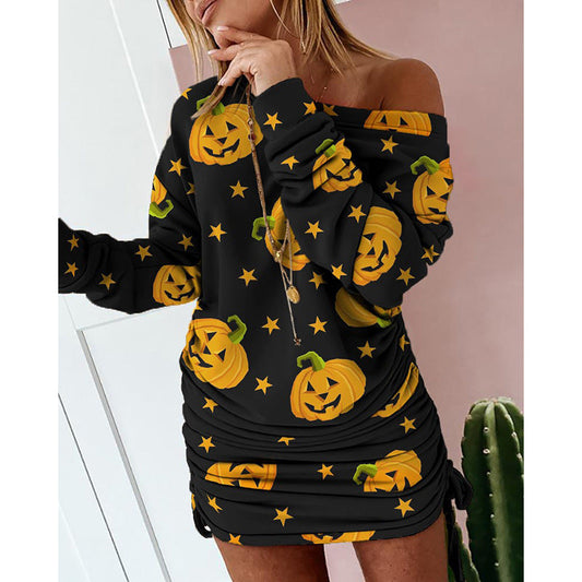 Printed High-Waist Long Sleeve Dress