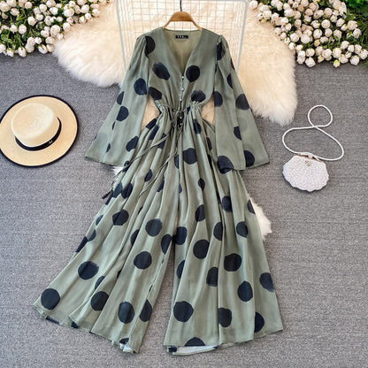 Polka Dot V-Neck Casual Jumpsuit