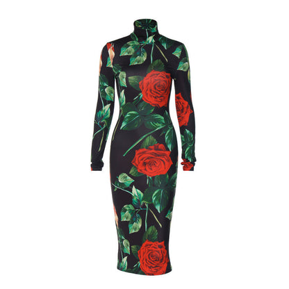 Floral High Neck Slim Long Sleeve Dress