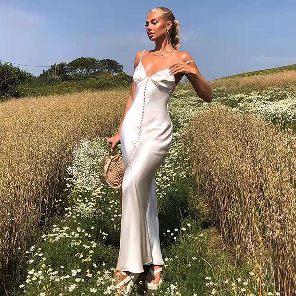 Silver Satin V-Neck Split Maxi Dress
