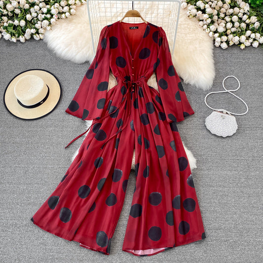Polka Dot V-Neck Casual Jumpsuit