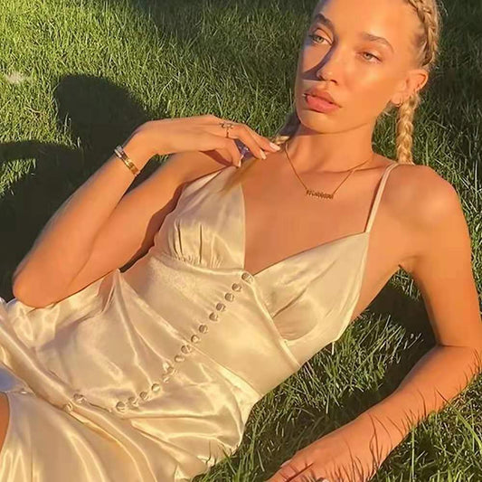 Silver Satin V-Neck Split Maxi Dress