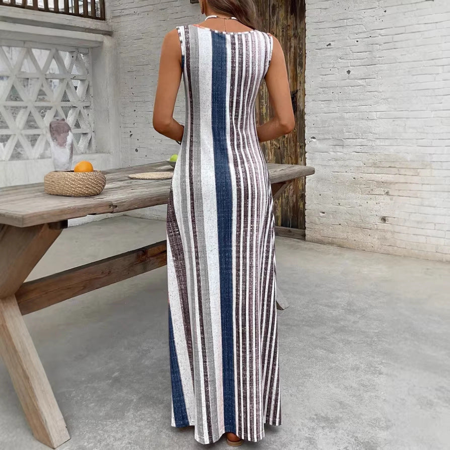 Striped A-Line Sleeveless Maxi Dress