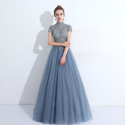 Lace Overlay Elegant Midi Dress / Blue / S