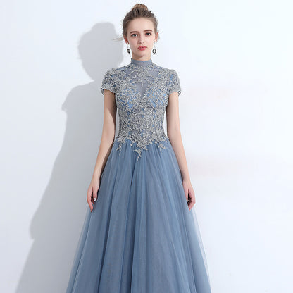 Lace Overlay Elegant Midi Dress / Blue / XL