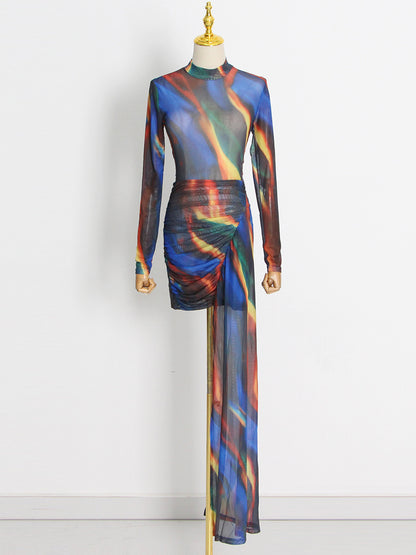 Tie-Dye High Neck Asymmetric Dress