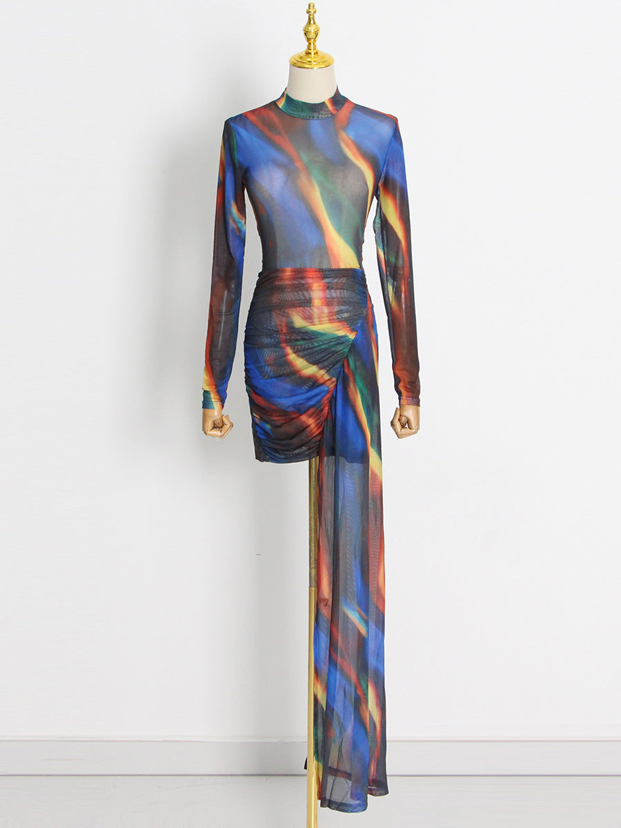 Tie-Dye High Neck Asymmetric Dress