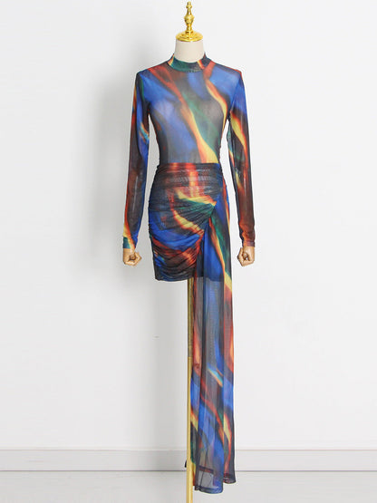 Tie-Dye High Neck Asymmetric Dress