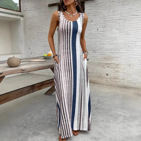 Striped A-Line Sleeveless Maxi Dress / Stripes / M