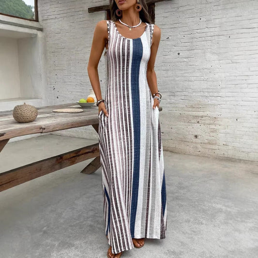 Striped A-Line Sleeveless Maxi Dress