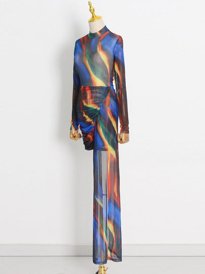 Tie-Dye High Neck Asymmetric Dress