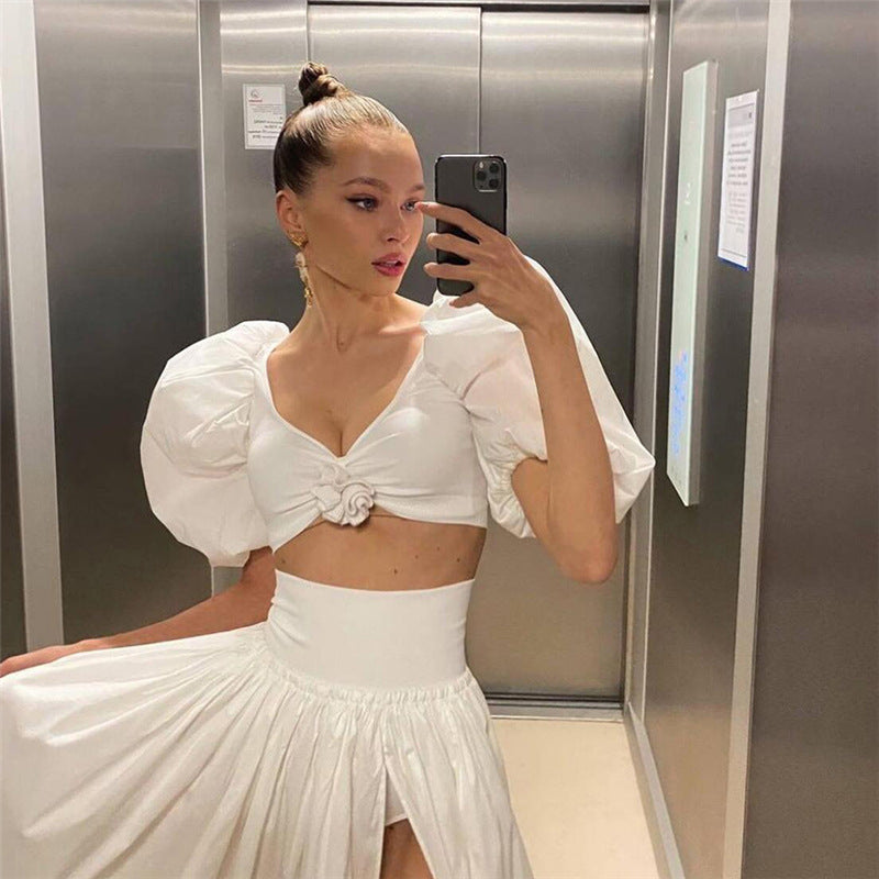 V-Neck Lantern Sleeve Cropped Top