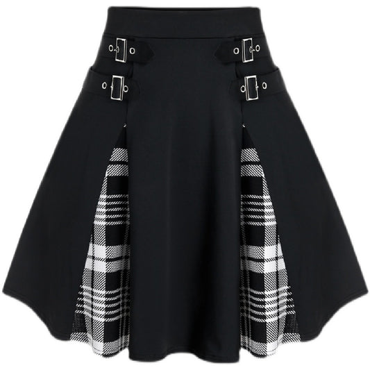 High-Waist Check Midi Skirt / Black / S