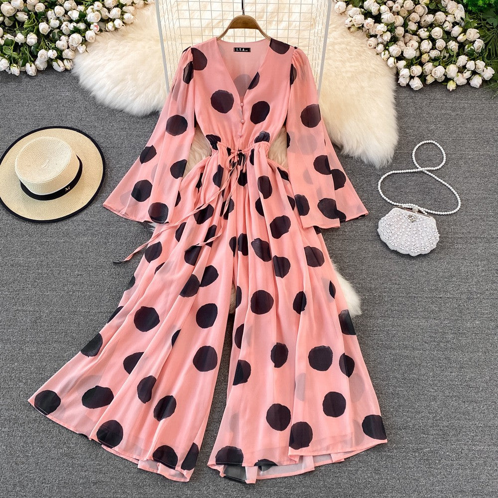 Polka Dot V-Neck Casual Jumpsuit