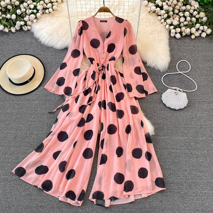 Polka Dot V-Neck Casual Jumpsuit