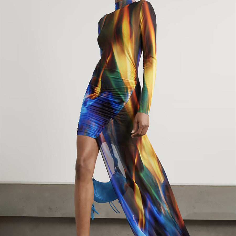 Tie-Dye High Neck Asymmetric Dress