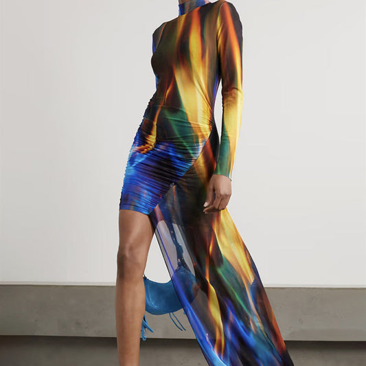 Tie-Dye High Neck Asymmetric Dress